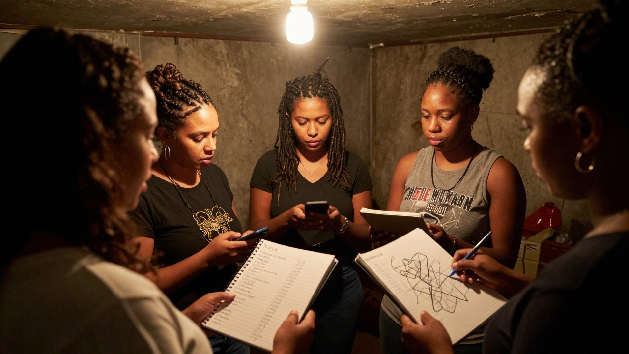 A group of sex workers in a basement sharing a phone and notebook, illuminated by a single bulb.