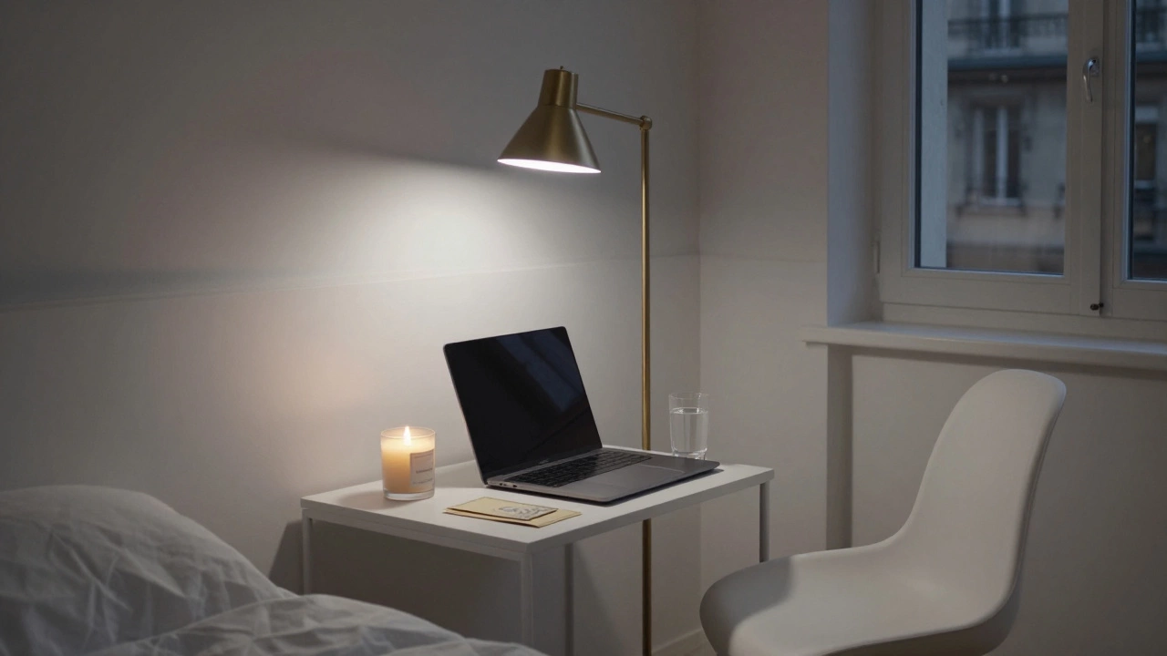 A minimalist bedroom with a candle and cash envelope, conveying privacy and respect.