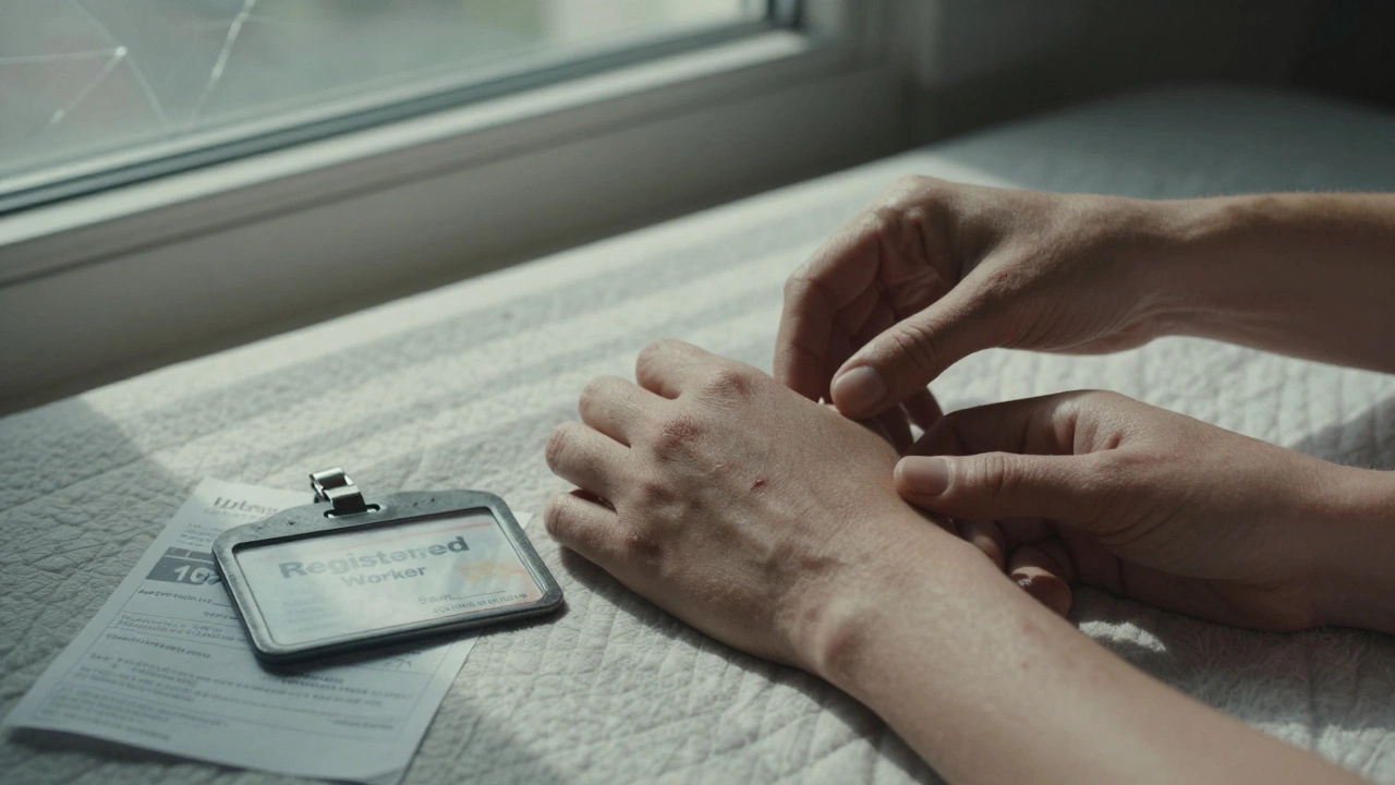 Hands holding a registered worker badge and touching a scar, with morning light and a bill on the floor.